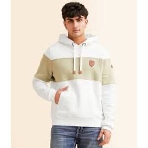 Wanakome Canada Mens Colorblock Hoodie White Sage Green Vegan Leather Patch